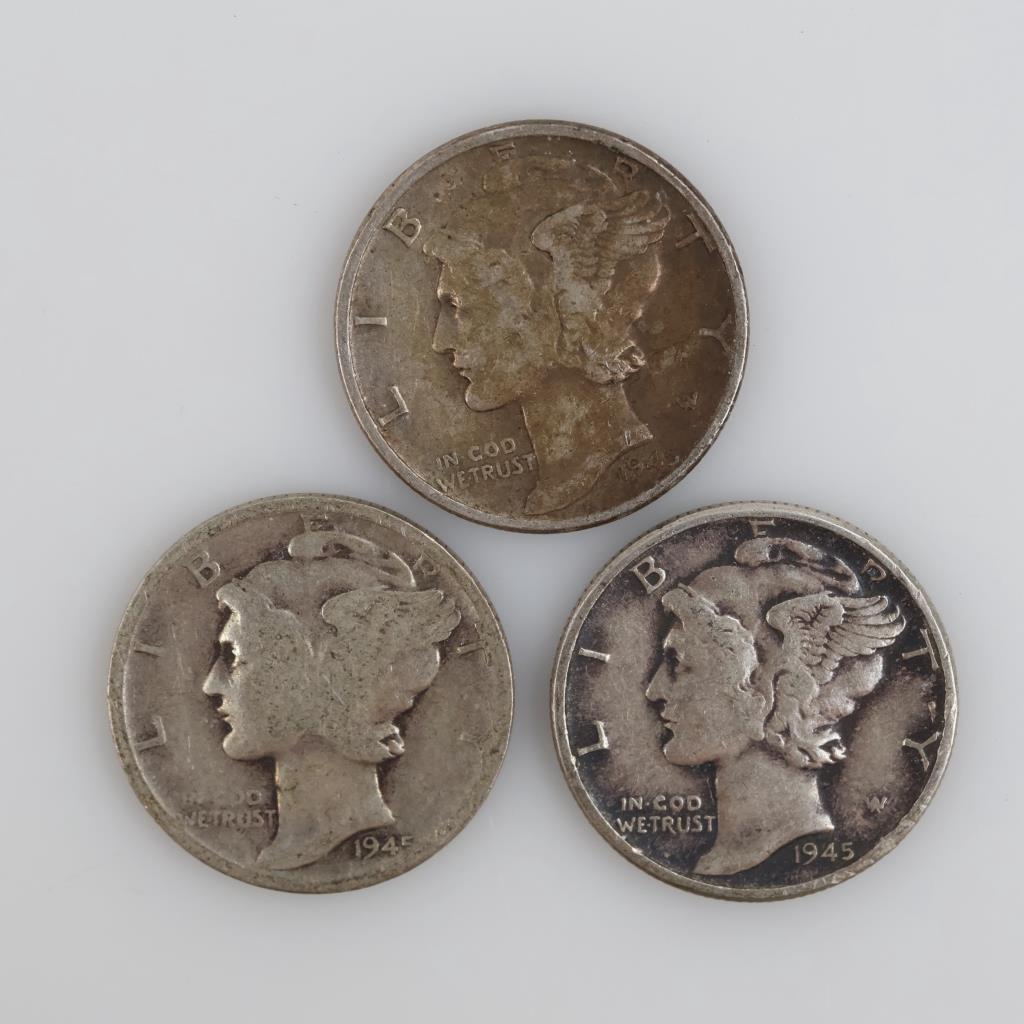 1945 & 1945D US Mercury Silver Dimes, 3 Pieces