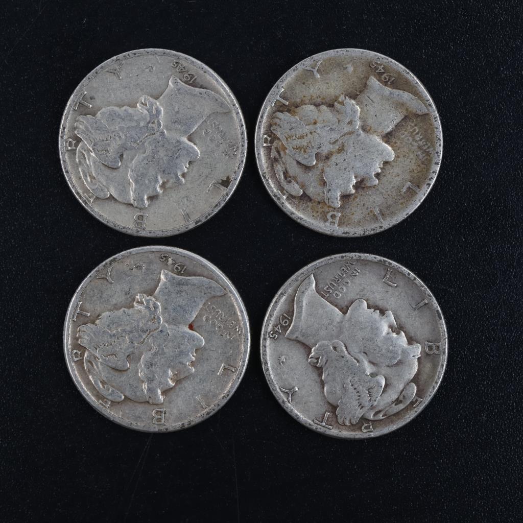1945 Mercury Silver Dimes, 4 Pieces