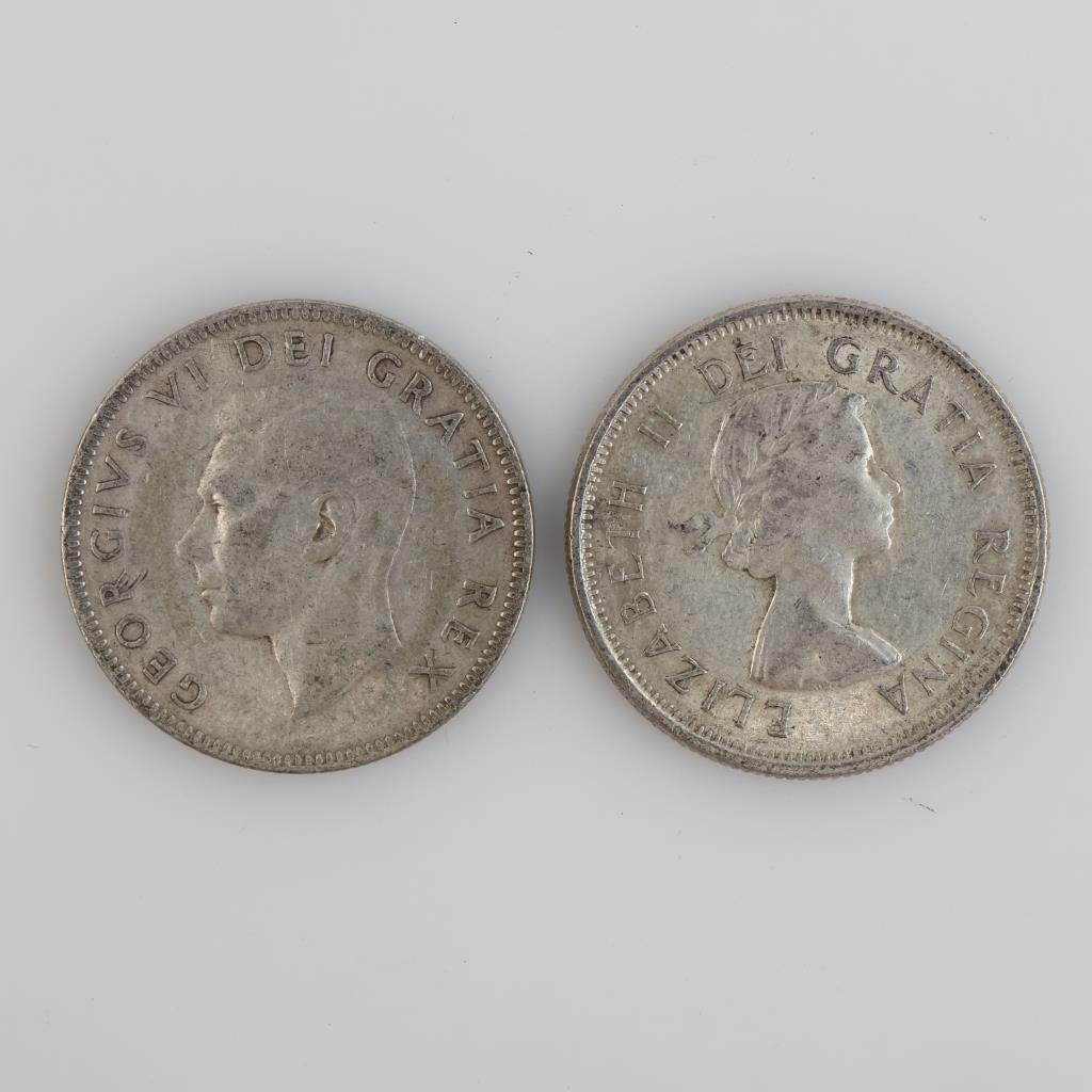 1949 & 1962 Canadian Silver 25 Cents, 2 Pieces