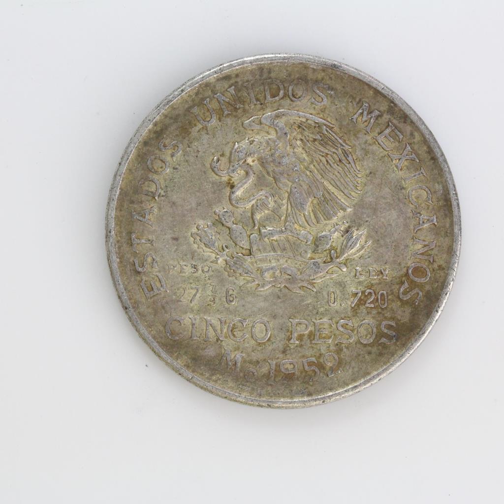 1951 Silver Mexican 5 Pesos Coin