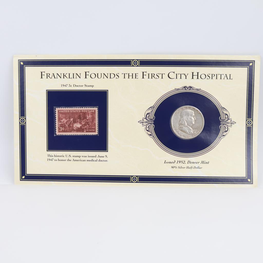 1952-D Franklin Silver Half Dollar W/ 1947-3 Cent Stamp Set: The 1st City Hospital