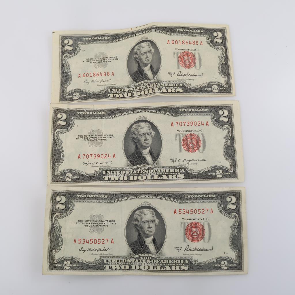 1953-A & 1953-B United States Note 2 Dollar Bill Red Seal, 3 Pieces
