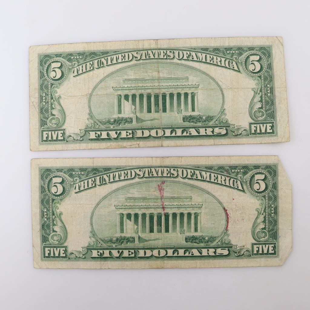 1953 B US Silver Certificate Five Dollar Bill 2 Pieces Property Room