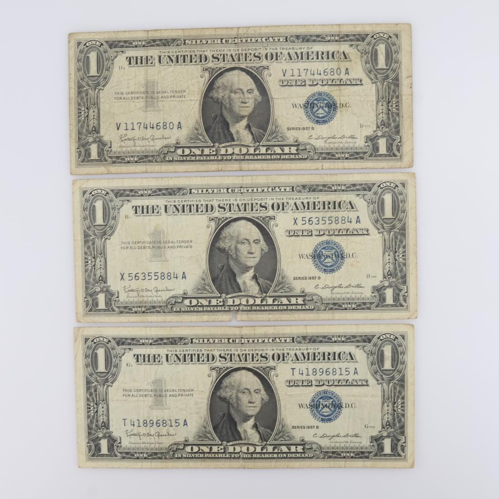 1957 -B One Dollar Silver Certificate, 3 Pieces