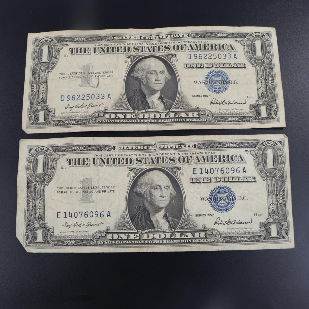 1957  US Silver Certificate 1 Dollar Bill, 2 Pieces