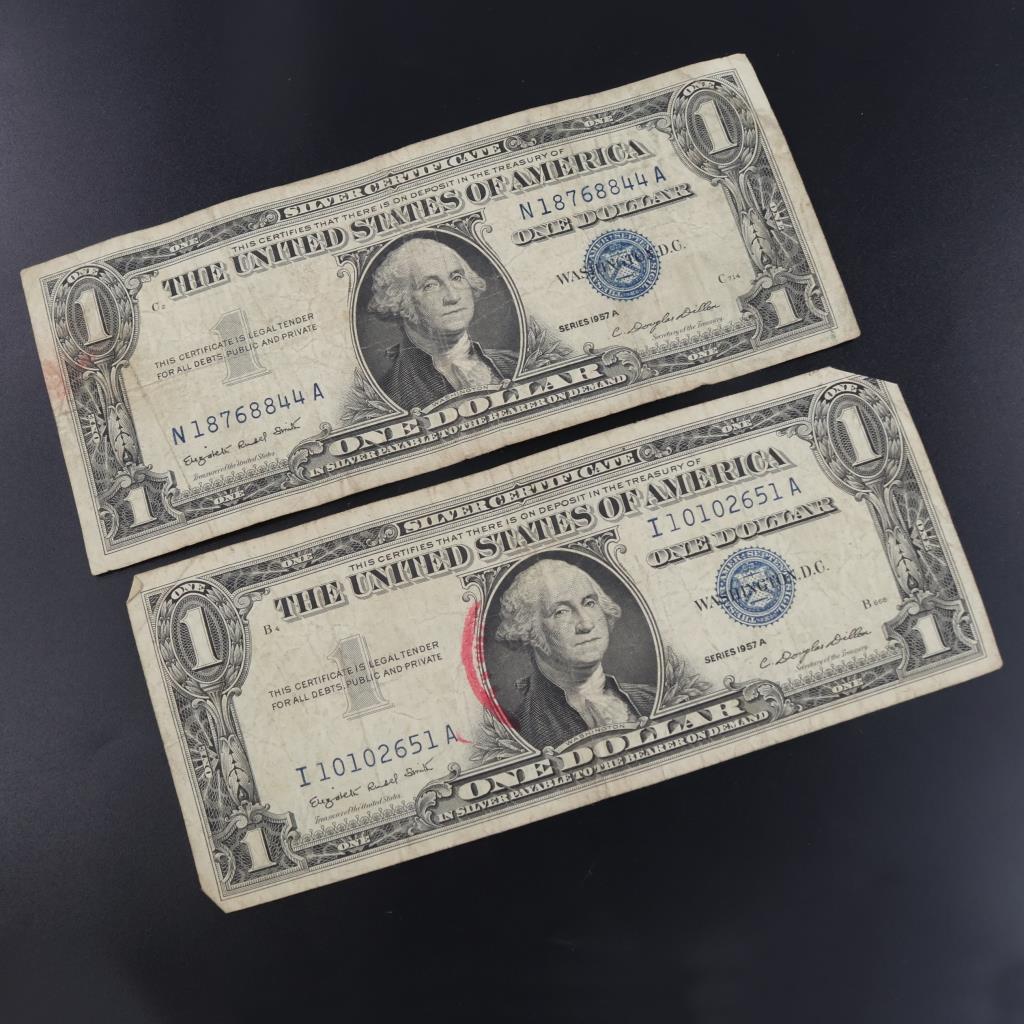 1957-A  US Silver Certificate 1 Dollar Bill, 2 Pieces