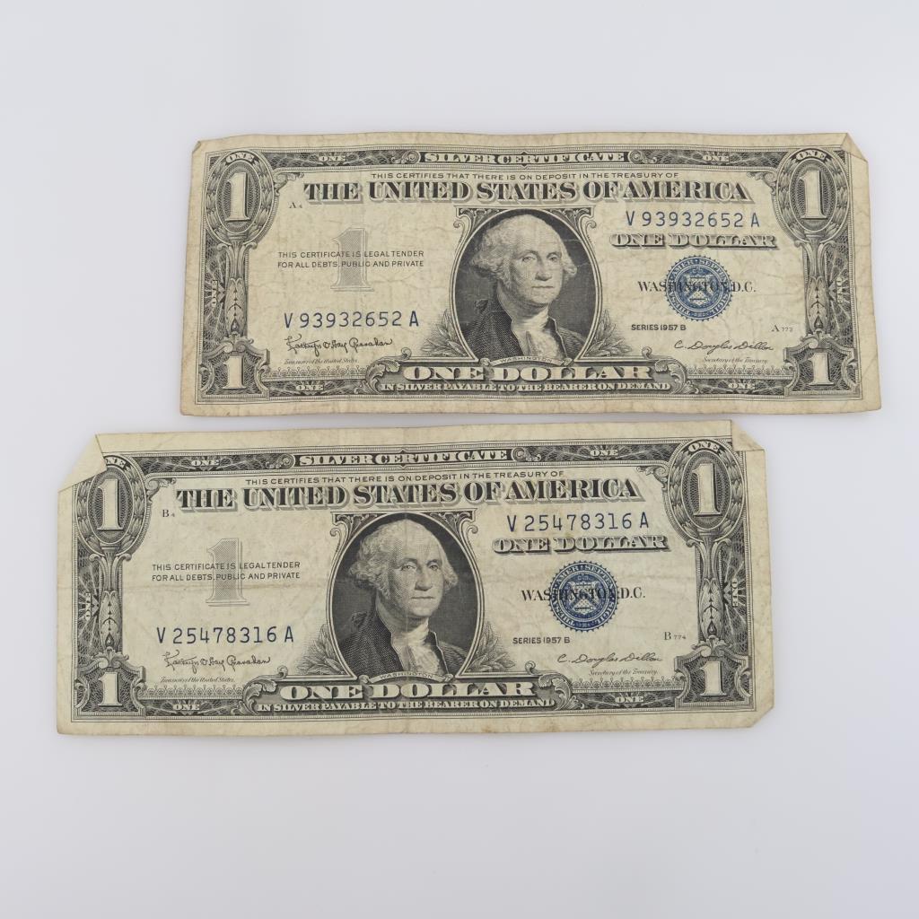 1957-B  US Silver Certificate 1 Dollar Bill, 2 Pieces