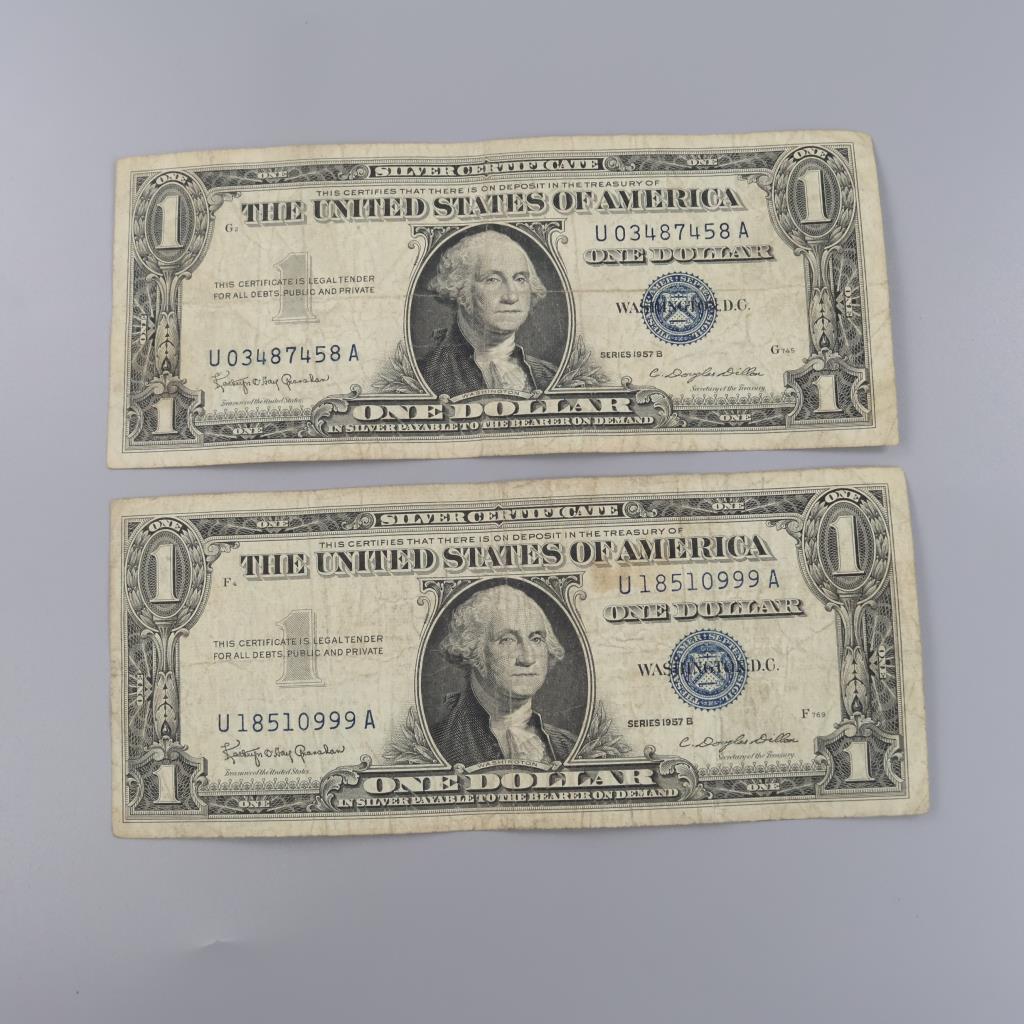 1957-B  US Silver Certificate 1 Dollar Bill, 2 Pieces