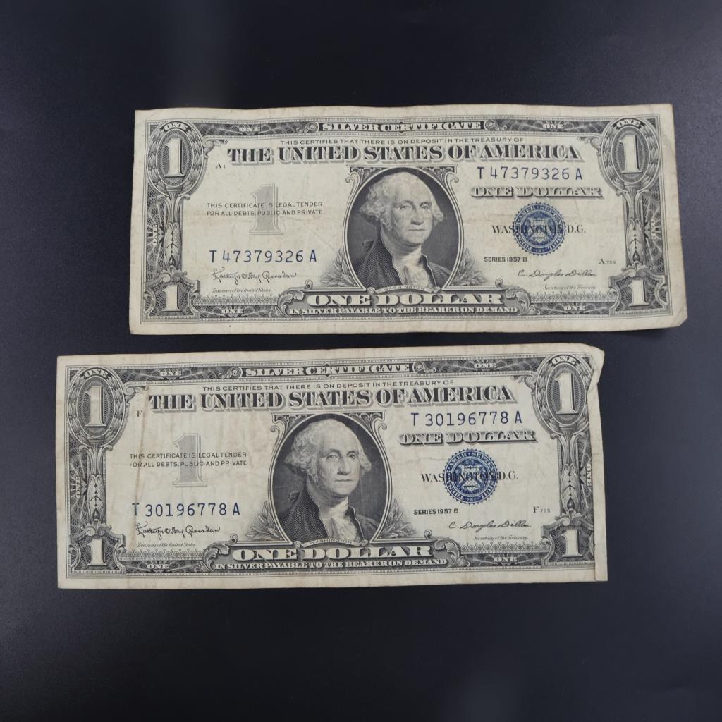 1957-B  US Silver Certificate 1 Dollar Bill, 2 Pieces