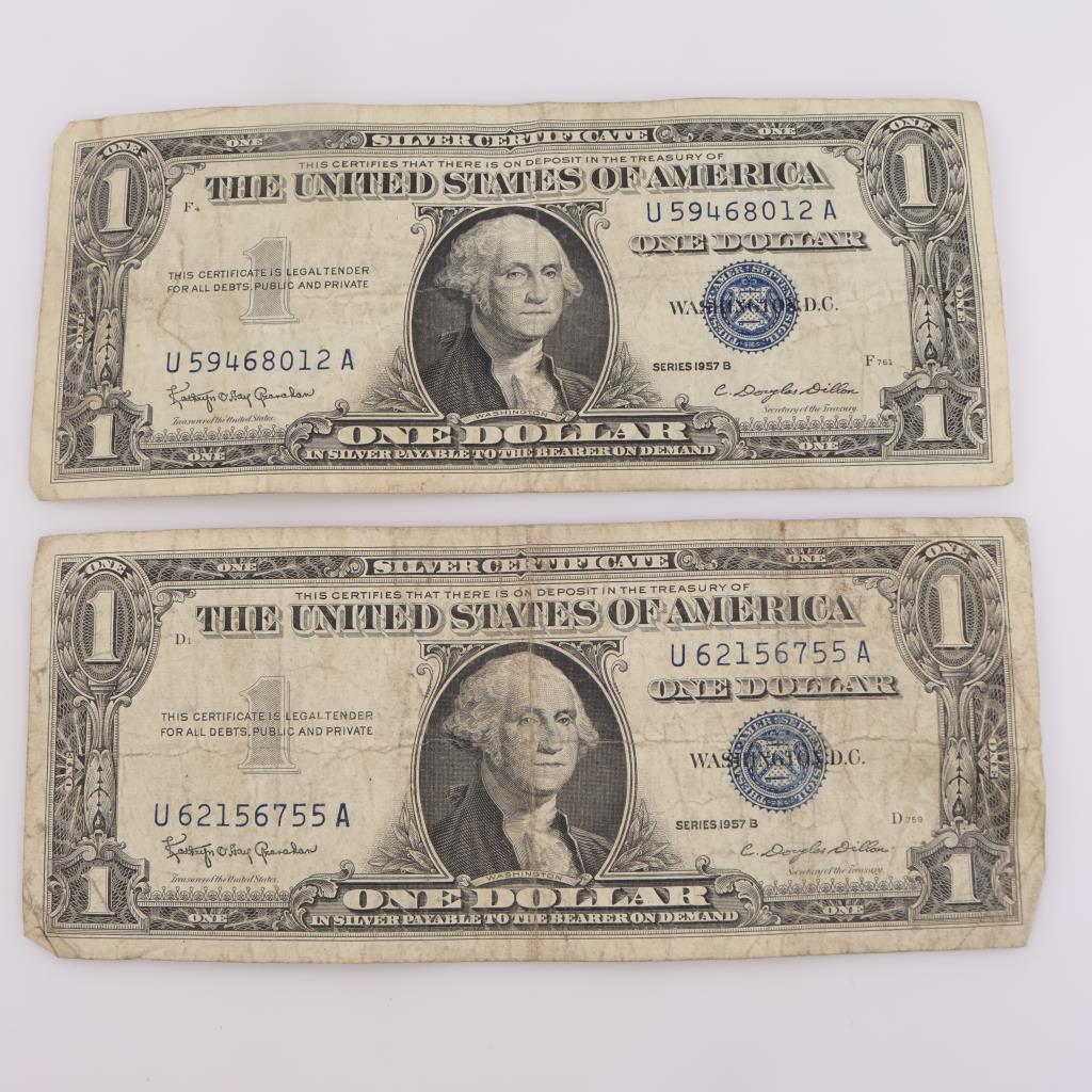 1957-B US Silver Certificate One Dollar, 2 Pieces