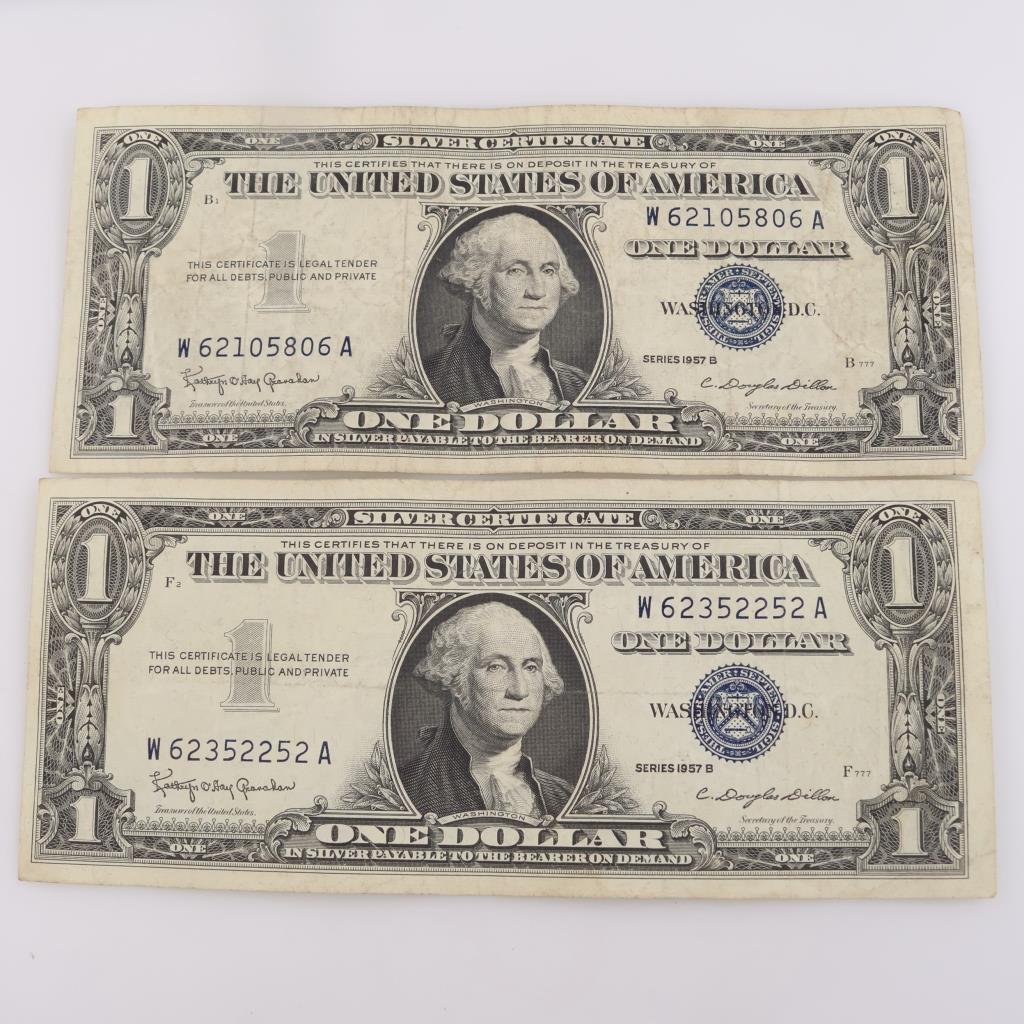 1957-B US Silver Certificate One Dollar, 2 Pieces