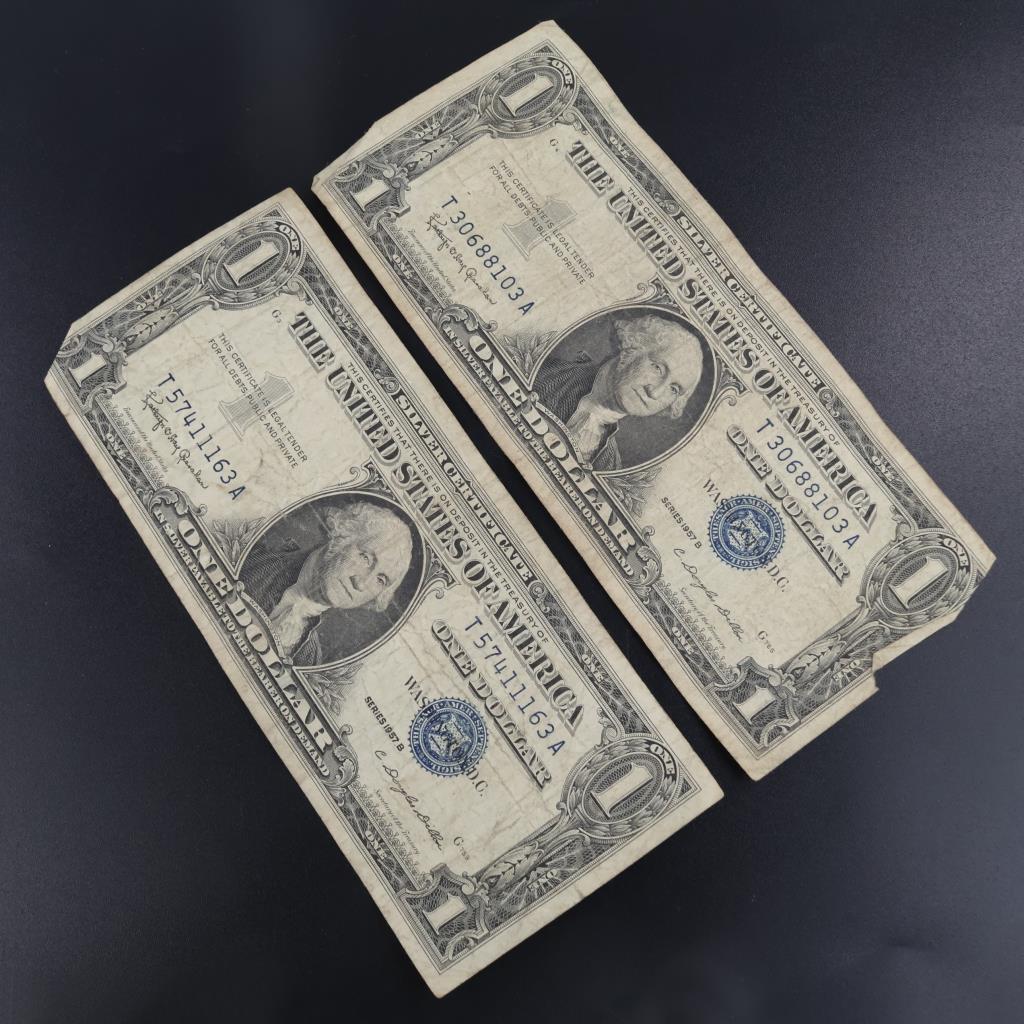 1957-B US Silver Certificate One Dollar, 2 Pieces