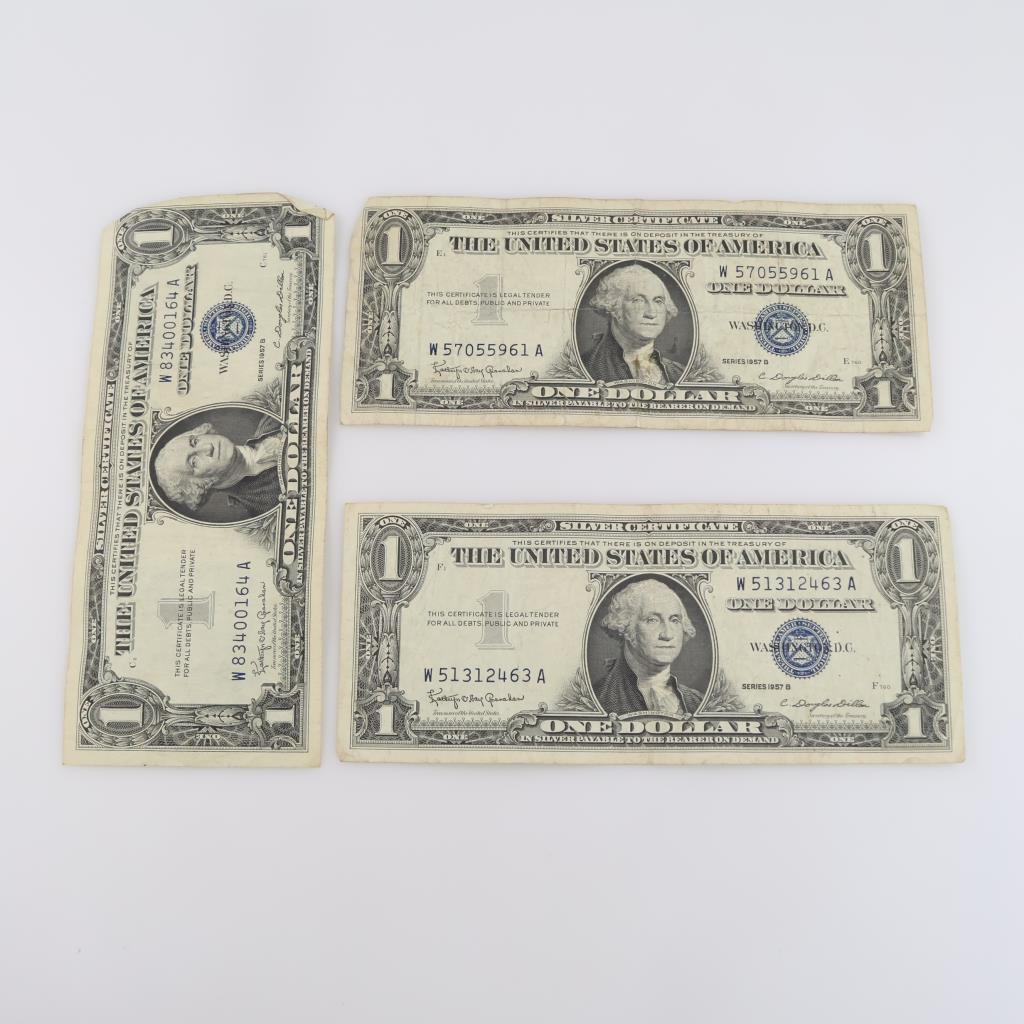 1957-B US Silver Certificate One Dollar, 3 Pieces