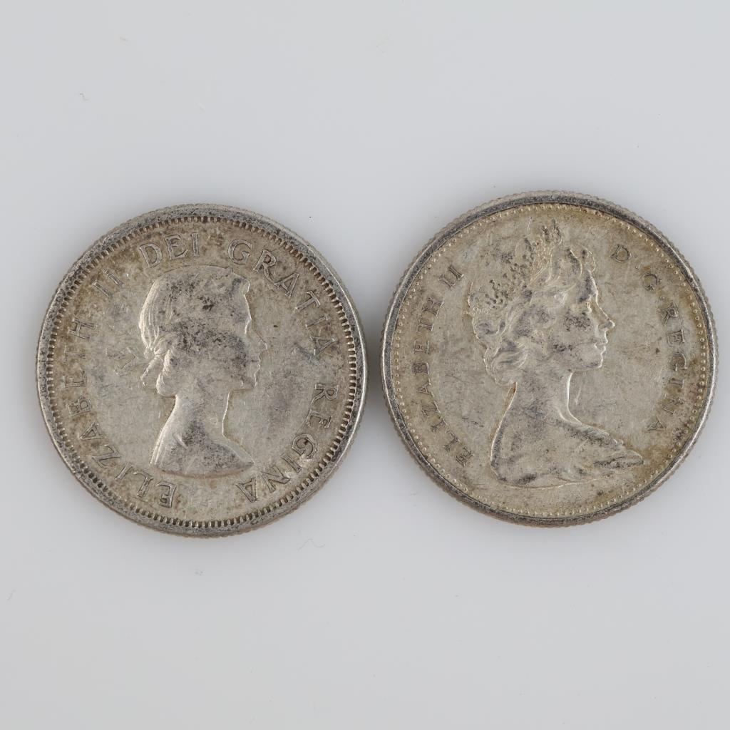 1962 & 1965 Canadian Silver 25 Cents, 2 Pieces
