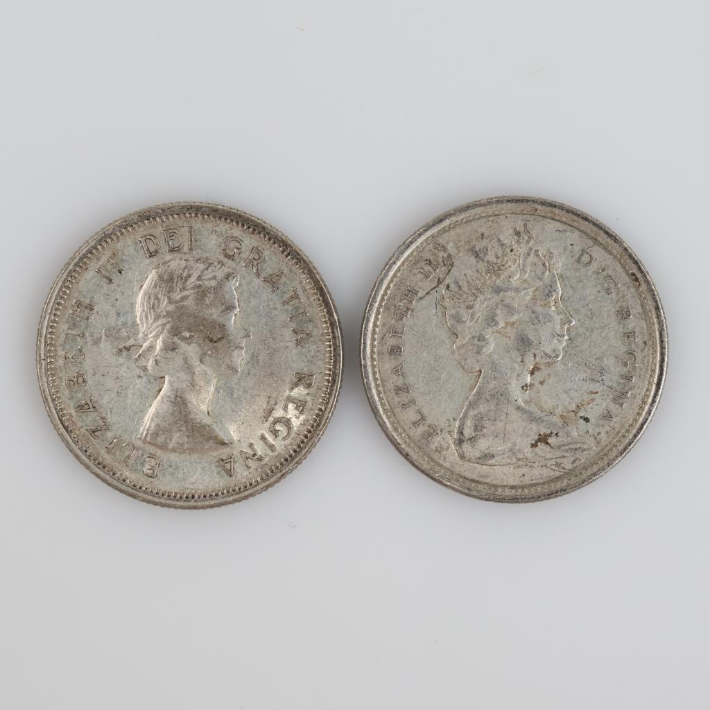 1962 & 1965 Canadian Silver 25 Cents, 2 Pieces