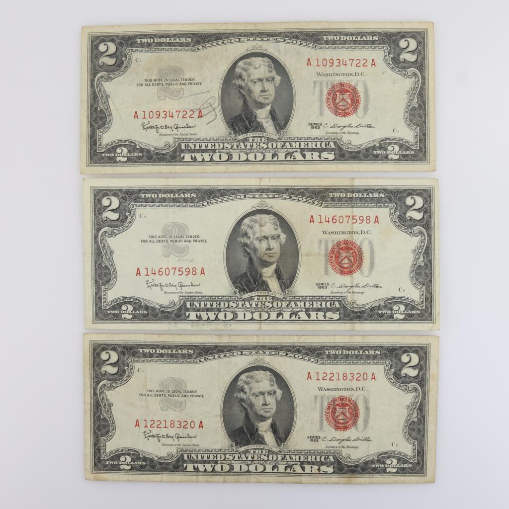1963 US Note Two Dollars Red Seal, 3 Pieces