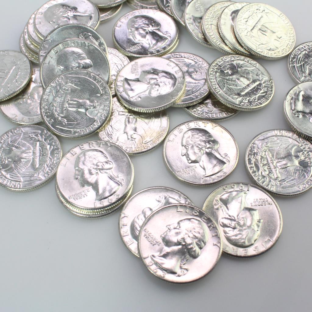 1963 Washington Silver Quarters, 40 Coins In Tube Property Room