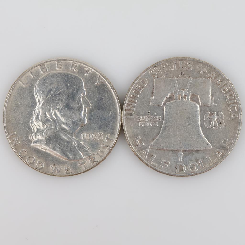1963-D & 1958-D US Franklin Silver Half Dollars