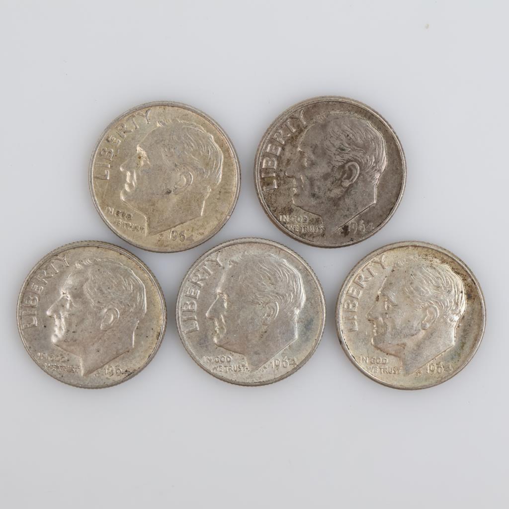 1964 & 1964D US Silver Roosevelt Dime, 5 Pieces