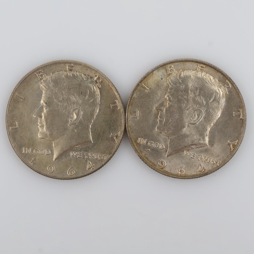 1964-D US Kennedy Silver Half Dollar Coins; 2 Pieces