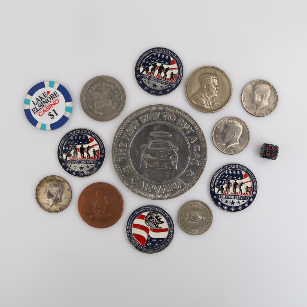 1969 US Kennedy Silver Clad Half Dollar With Tokens And Game Pieces, 14 Pieces