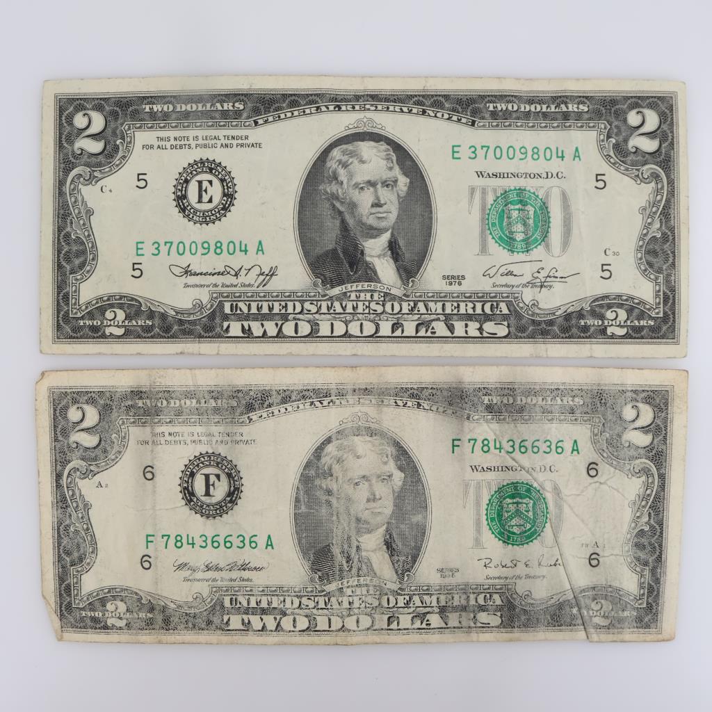 1976 & 1995 US Federal Reserve Note Two Dollars, 2 Pieces