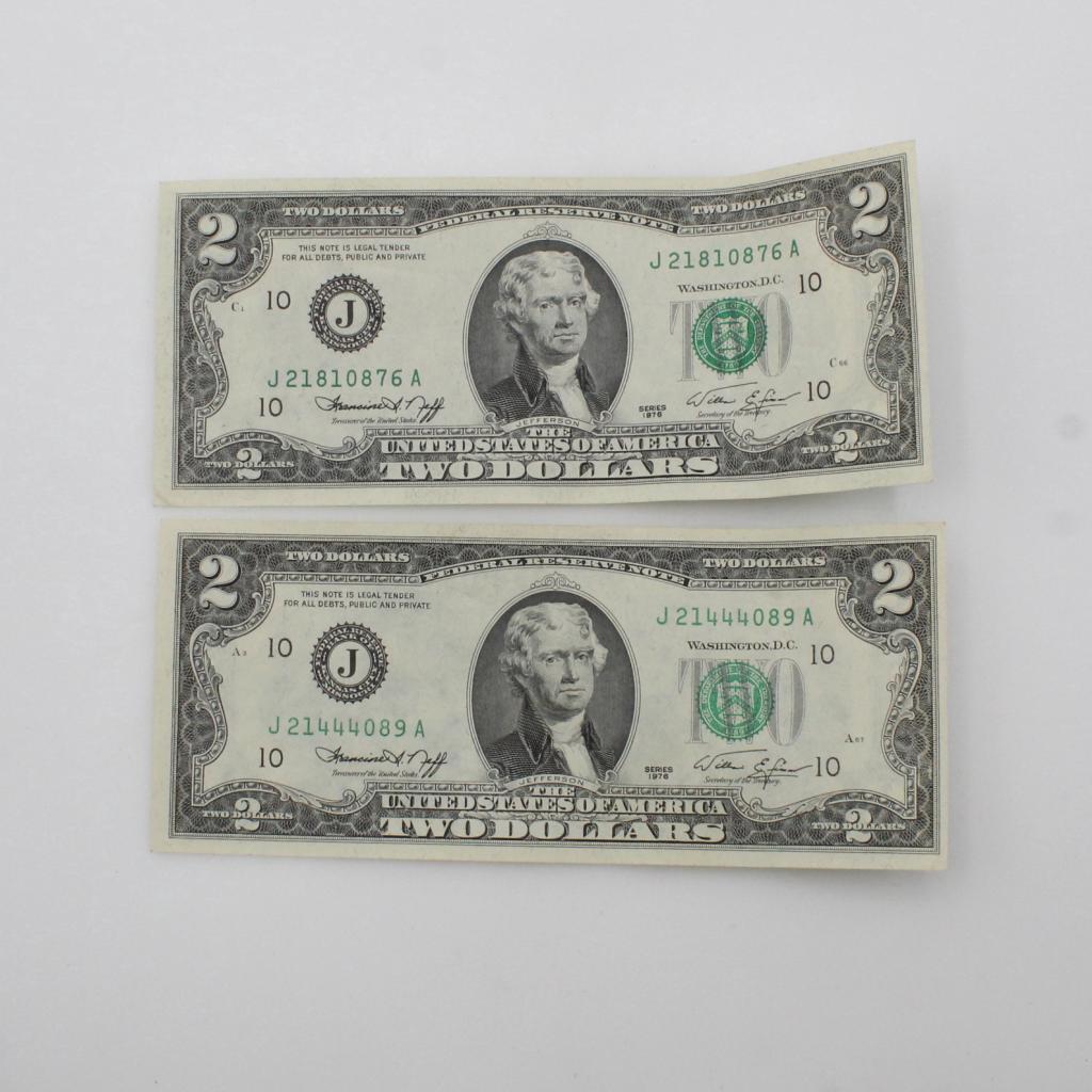 1976 US Federal Reserve Note 2 Dollars, 2 Pieces