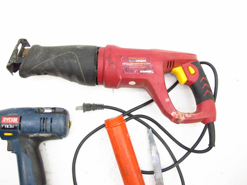 RYOBI Cordless Drill & Chicago Electric Tools Reciprocating Saw, 3 Pieces Property Room