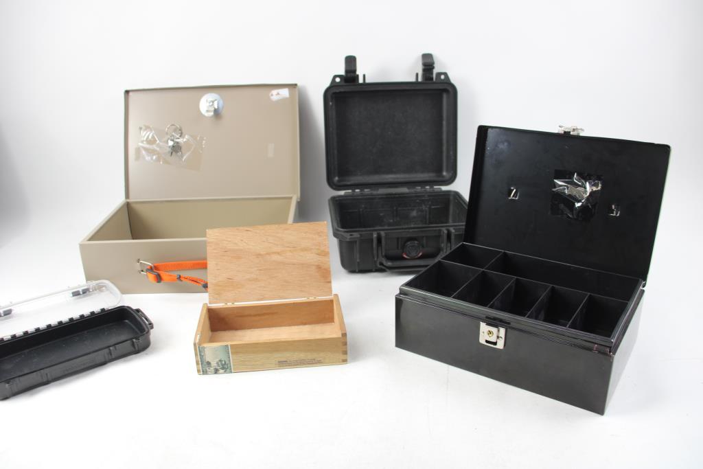 2 Lock Boxes With Keys 1 Wooden Box 1 Small Pelican Case 1 Plastic Case ...