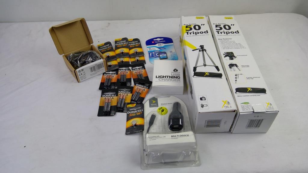 2 Tripod 50", Car Charger For Iphone, Micro Usb, USB Charger, Duracell Batteries