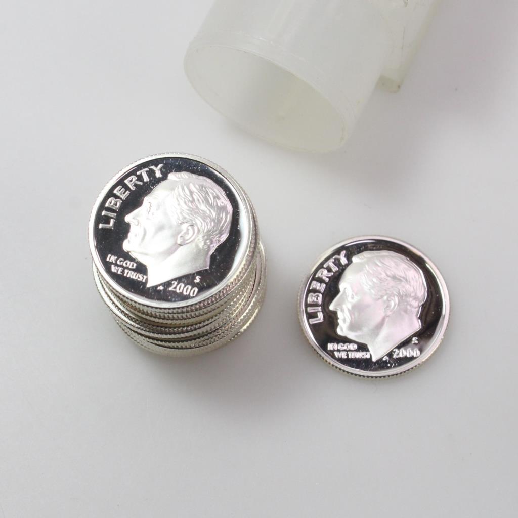2000S Proof Silver Roosevelt Dimes, 15 Coins In Tube Property Room