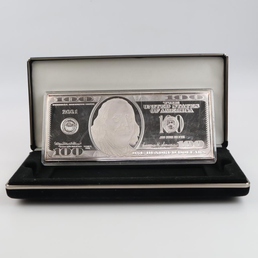 2001 US Fine Silver 100 Dollar Bill 4 Troy Oz Bar