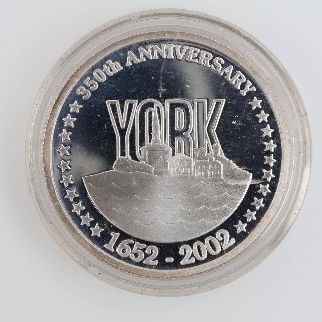 2002 Fine Silver 350th Anniversary York, Maine Proof 31.2g Round