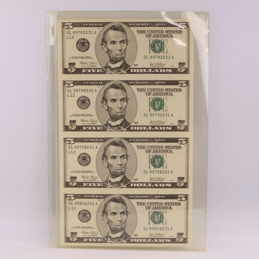 2003 US Federal Reserve Note Five Dollars UNCUT Sheet Of 4 Bills