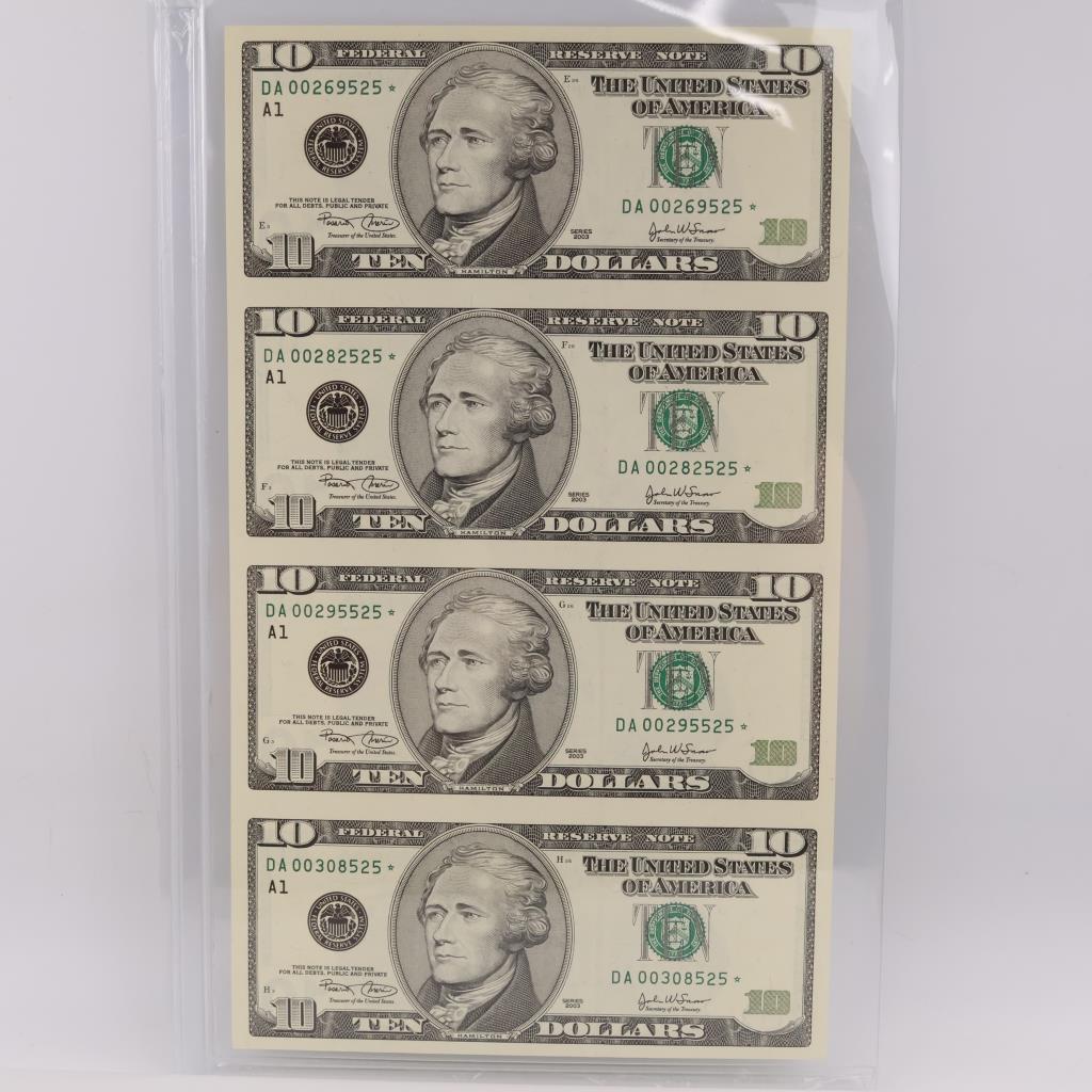 2003 US Federal Reserve Note Ten Dollars UNCUT Sheet Of 4 Bills