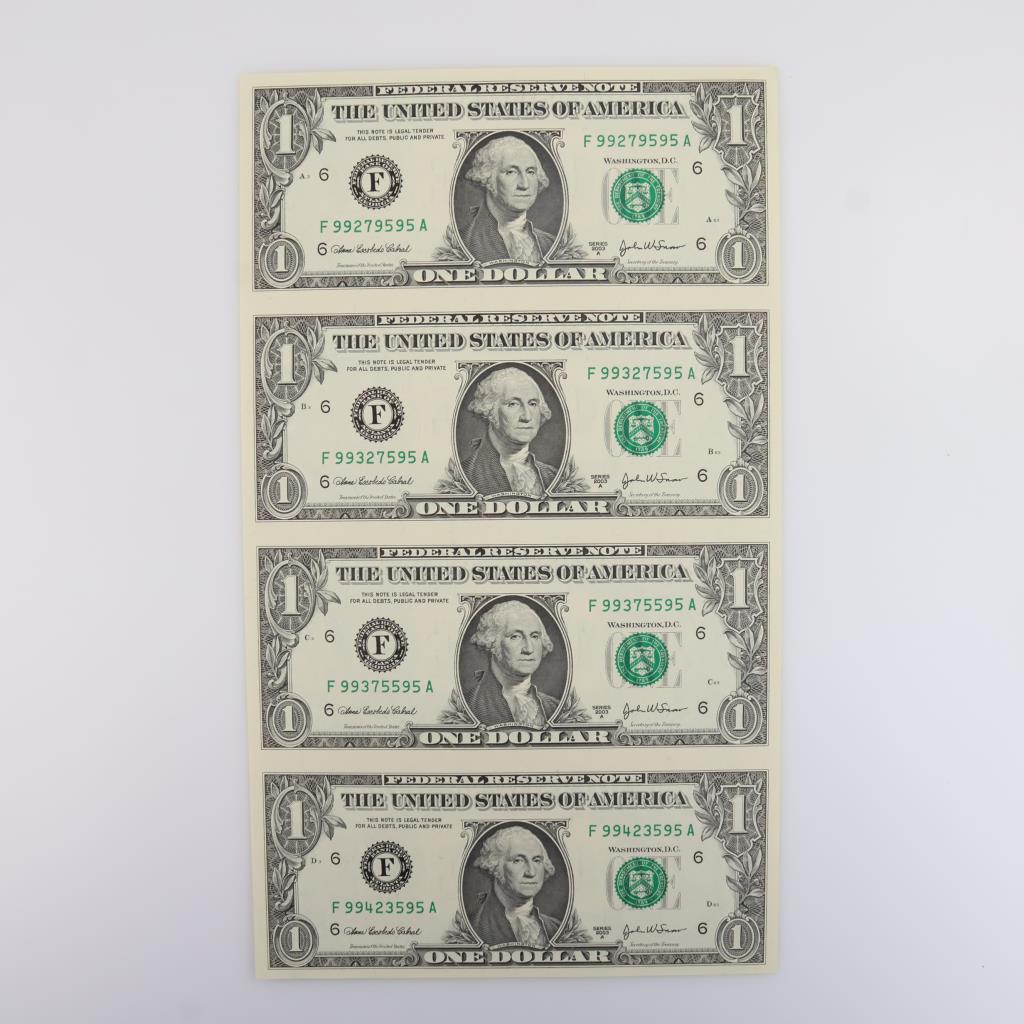 2003-A $1 Federal Reserve Note UNCUT Sheet Of 4 Bills