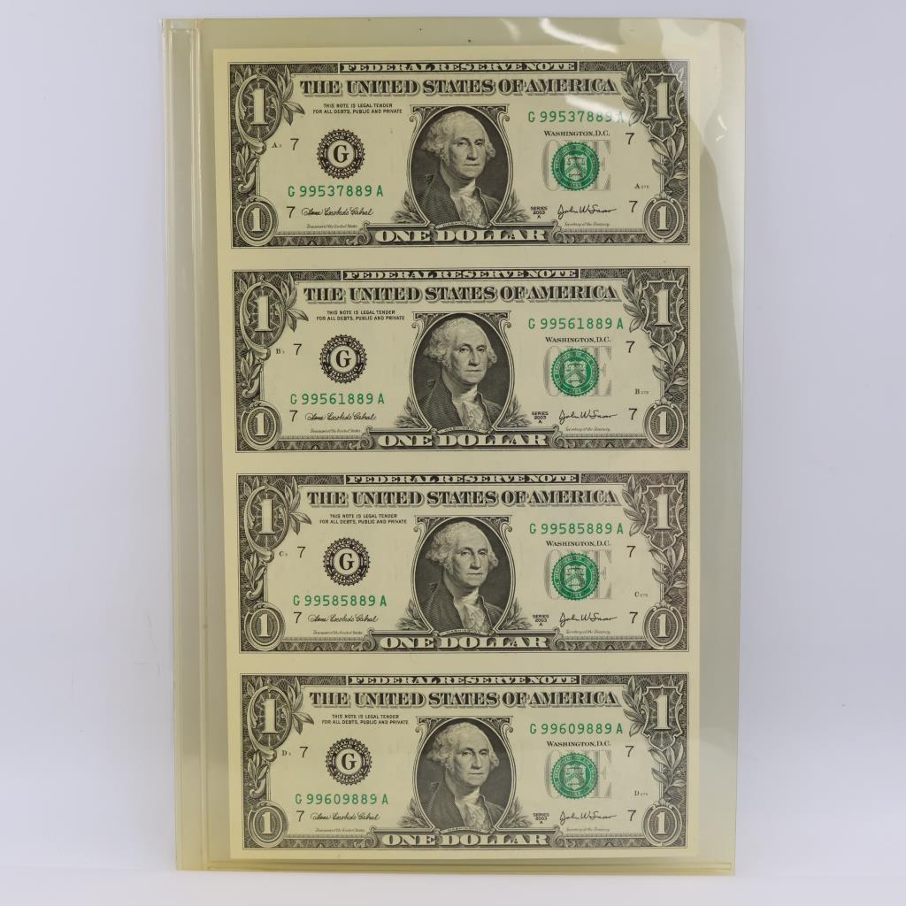2003-A US Federal Reserve Note One Dollar UNCUT Sheet Of 4 Bills