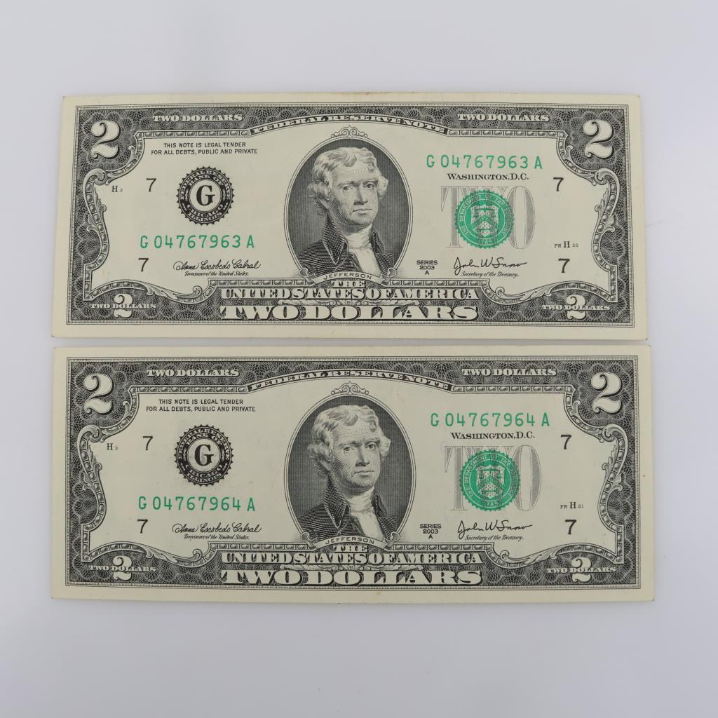 2003-A US Federal Reserve Note Two Dollars, 2 Pieces