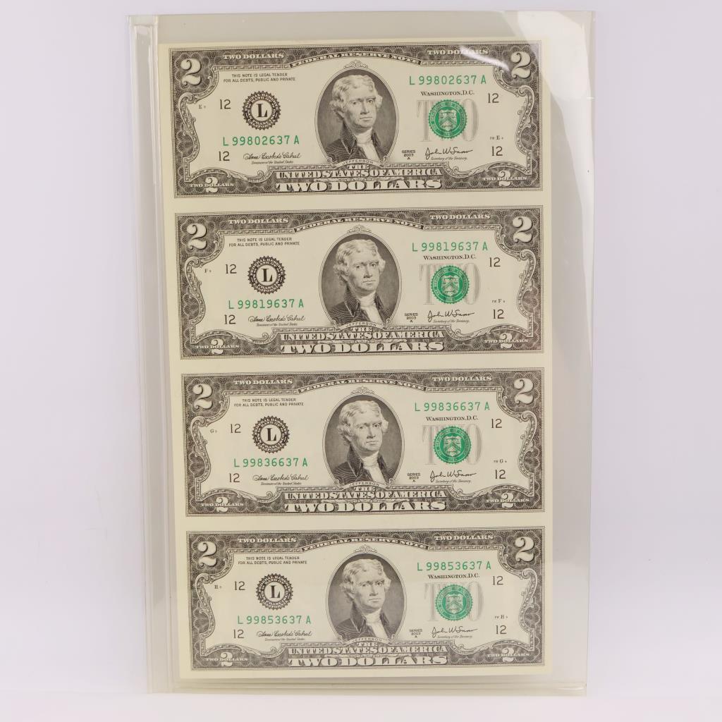 2003-A US Federal Reserve Note Two Dollars UNCUT Sheet Of 4 Bills