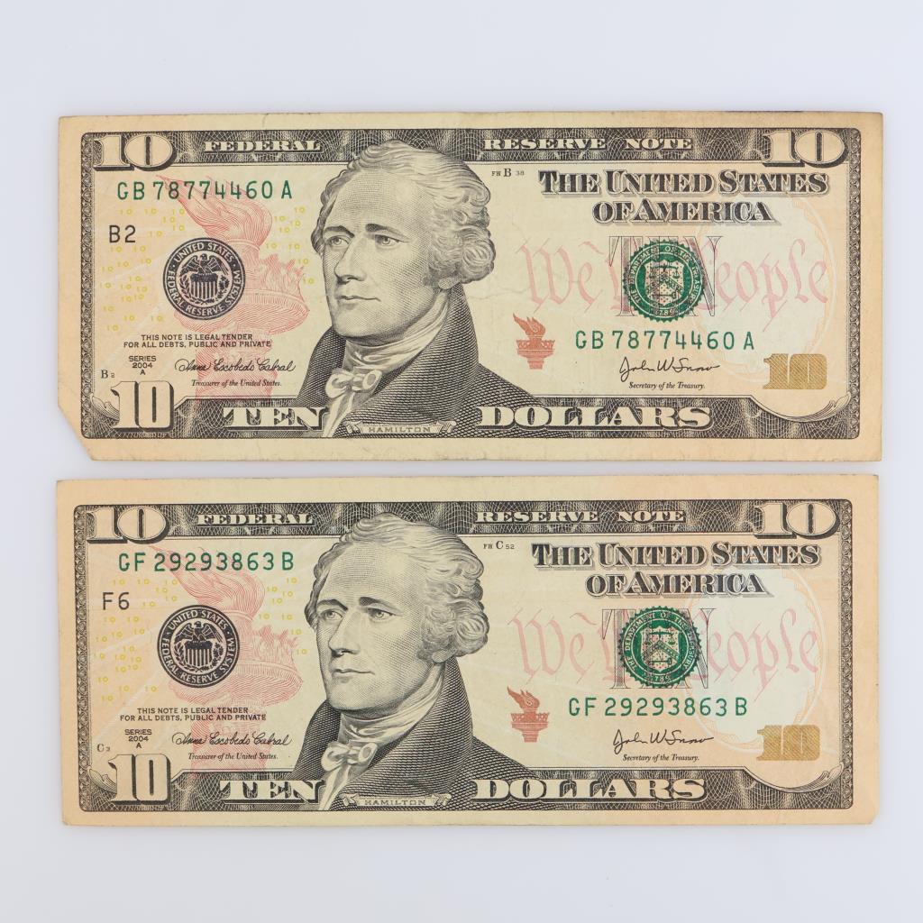 2004-A US Federal Reserve Note Ten Dollars, 2 Pieces