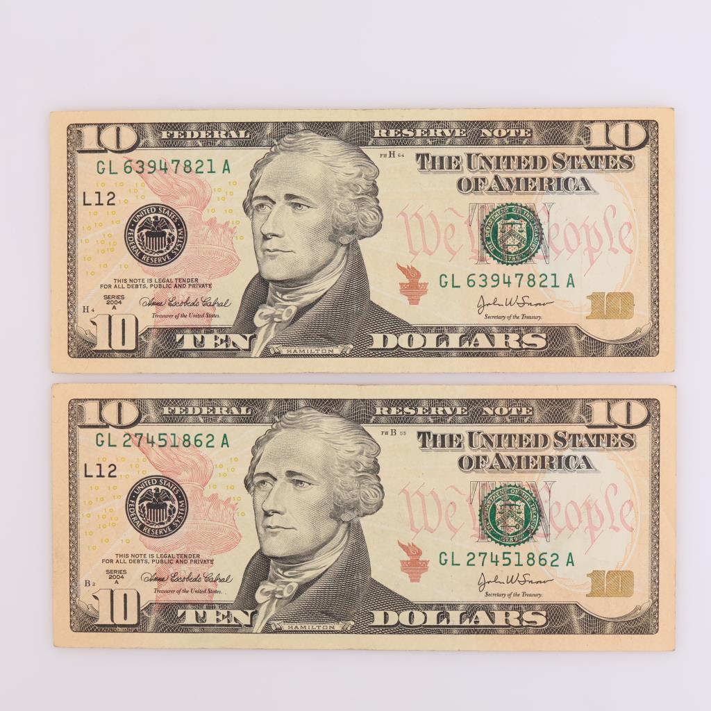 2004-A US Federal Reserve Note Ten Dollars, 2 Pieces