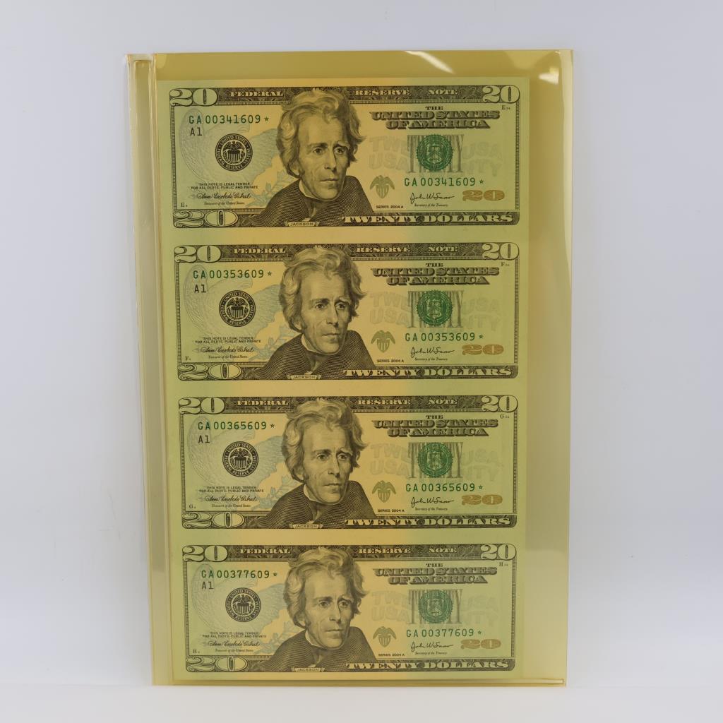 2004-A US Federal Reserve Note Twenty Dollars UNCUT Sheet Of 4 Bills