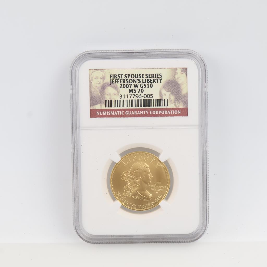 2007-W MS70 First Spouse Jefferson's Liberty Fine Gold $10 1/2oz NGC Graded
