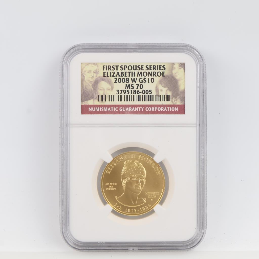 2008-W MS70 First Spouse Elizabeth Monroe Fine Gold $10 1/2oz NGC Graded