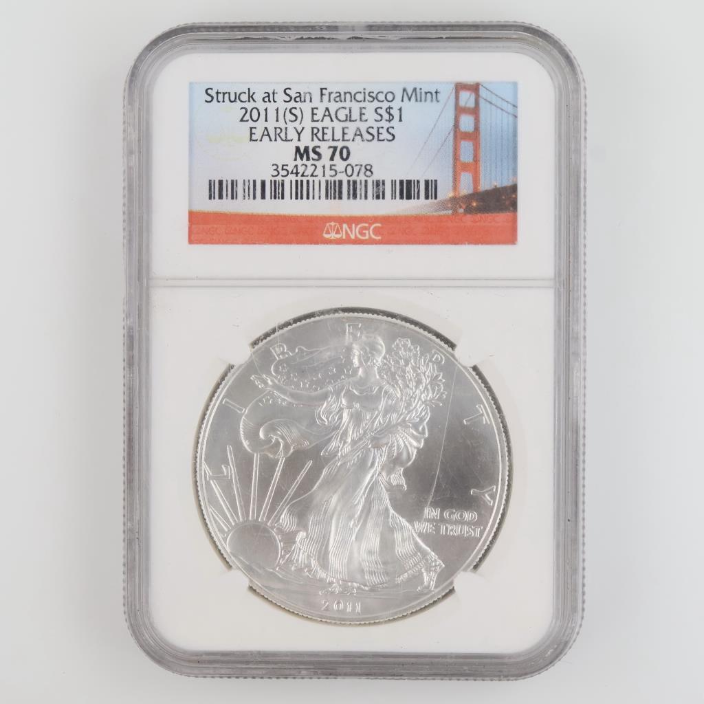 2011-S MS70 American Eagle Fine Silver Dollar 1oz NGC Graded