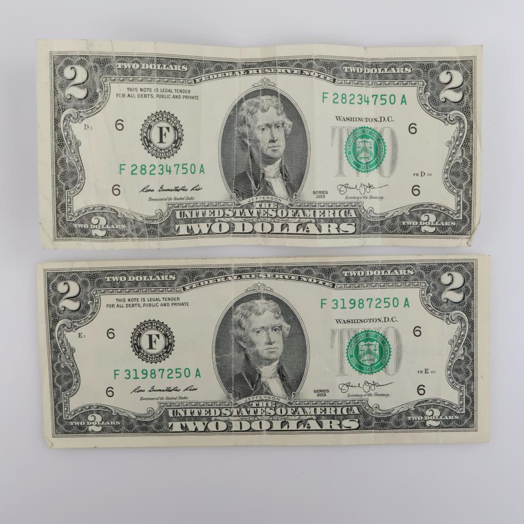 2013 US $2 Federal Reserve Note, 2 Pieces