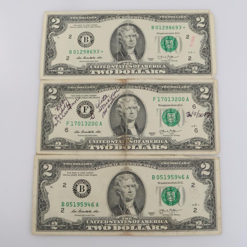 2013 US Federal Reserve $2 Notes, 3 Pieces