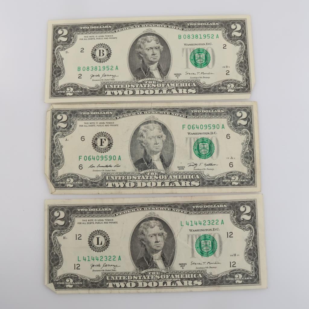 2017-A, & 2009 US Federal Reserve $2 Note, 3 Pieces