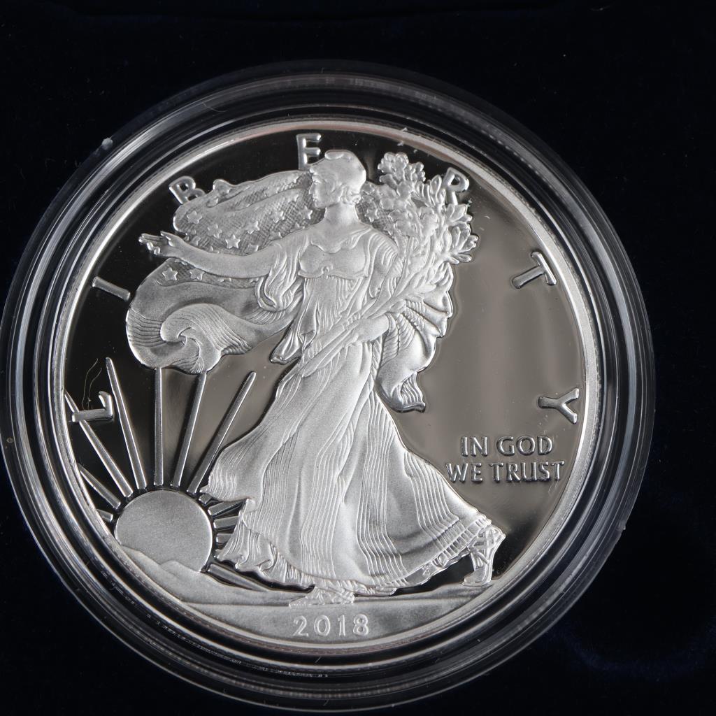 2018-S American Eagle Fine Silver 1 Oz Proof Dollar, COA With Box