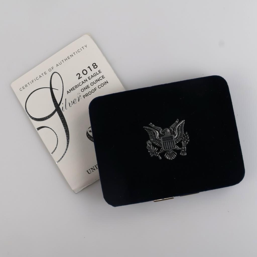 2018-S American Eagle Fine Silver 1oz Proof Dollar, COA With Box